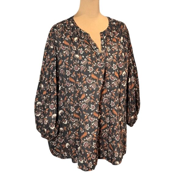 ABLE Boho Floral Top Blouse Sz.3XL Brown 100% Cotton Puff Sleeve Career Cottage - Picture 4 of 15